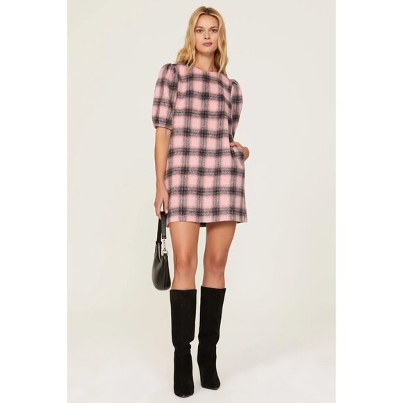 Pink & Gray Plaid Puff Sleeve Mini Dress By Toccin X RTR Size 12 Blend Fabric - Picture 1 of 12